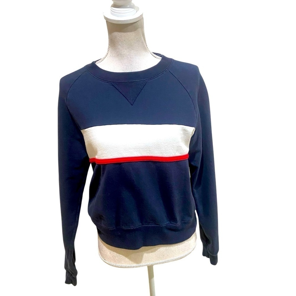 John Galt California navy cotton blend sweatshirt red ivory stripe medium